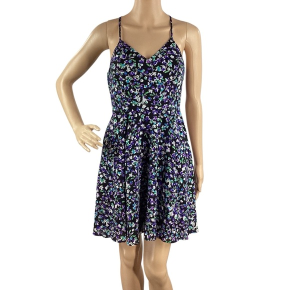 Express Floral Print Fit & Flare Mini Dress Black Multicolor Size 4 - Picture 1 of 7